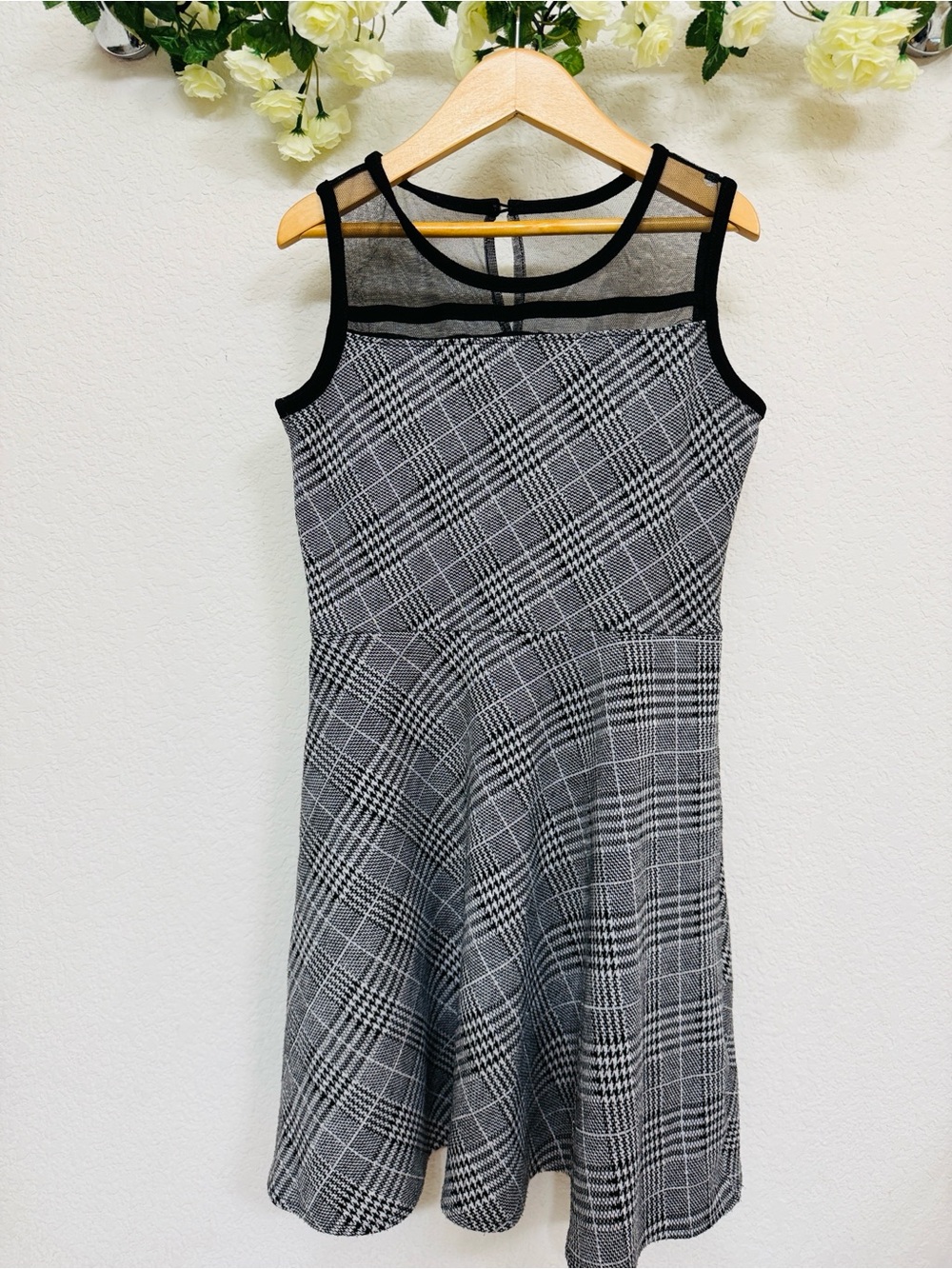 Place • Black and White Fit and Flare Plaid Sleeveless Mesh Yoke Uptown Dress